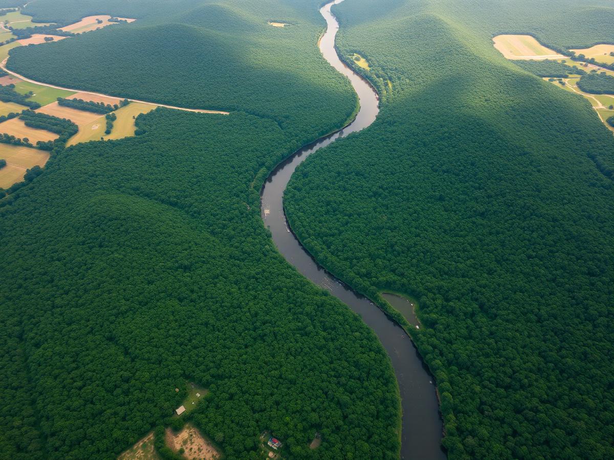 Vista aérea de paisagem natural com rio, mata e áreas de estudo ambiental